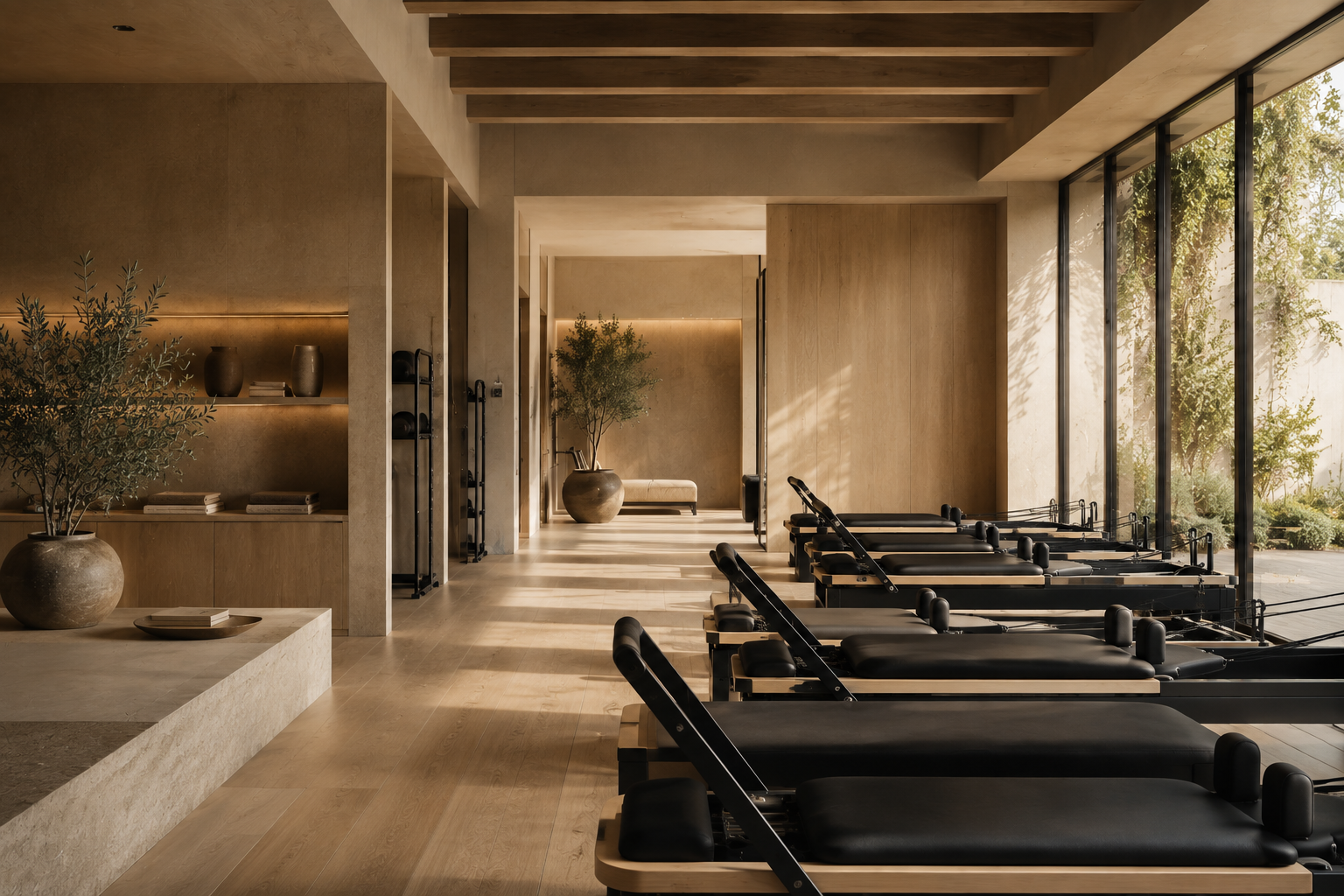 A quiet, light-filled studio interior with reformer equipment and olive trees