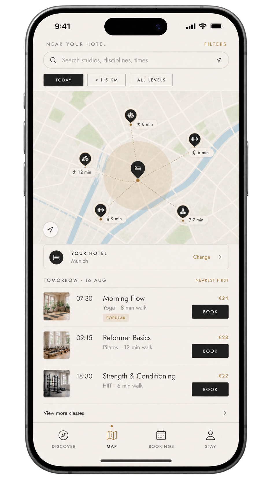 NOMAD app screen showing a map of selected fitness studios